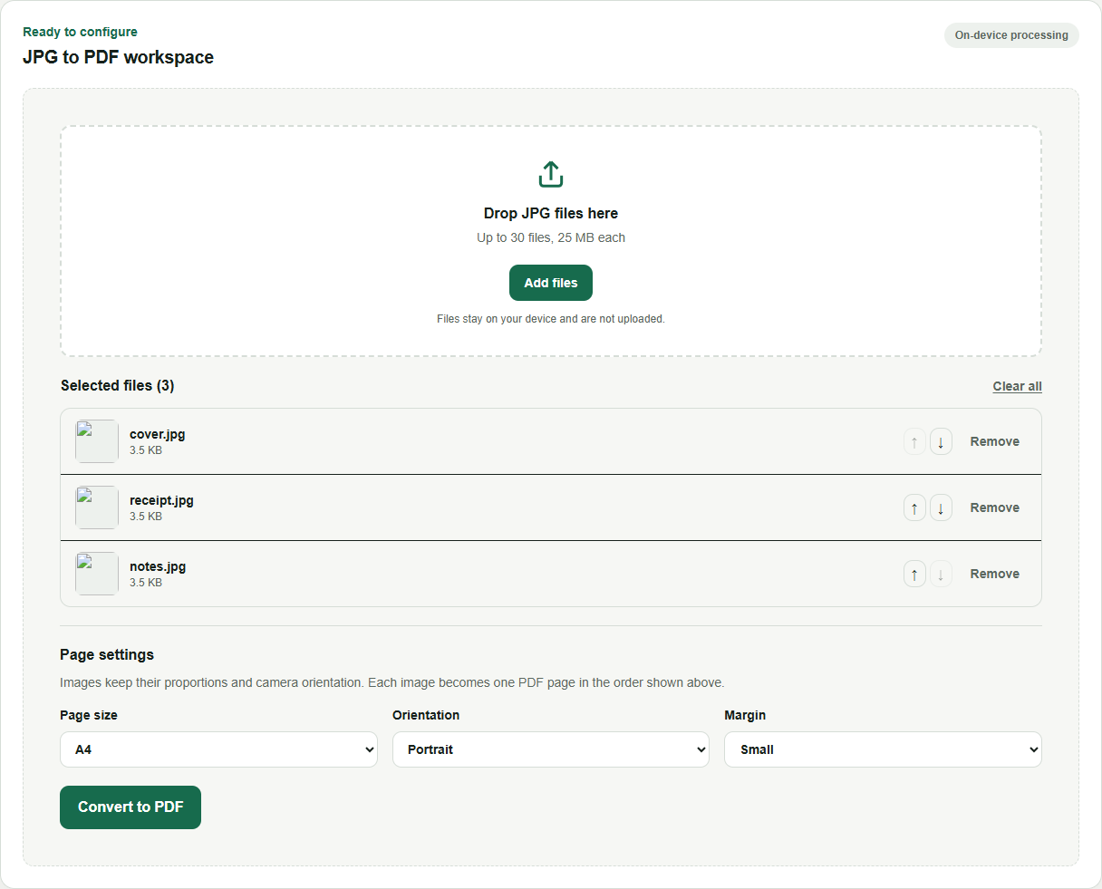 JPG to PDF workspace showing the example files and settings before processing